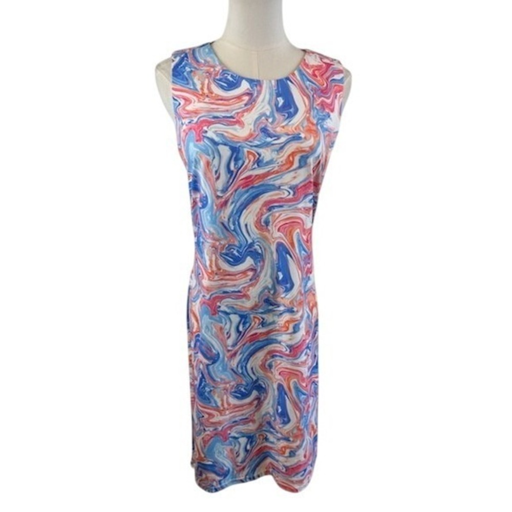 J.Mclaughlin Sleeveless Sophia Dress Blue Coral Pink Marblehead Size Small